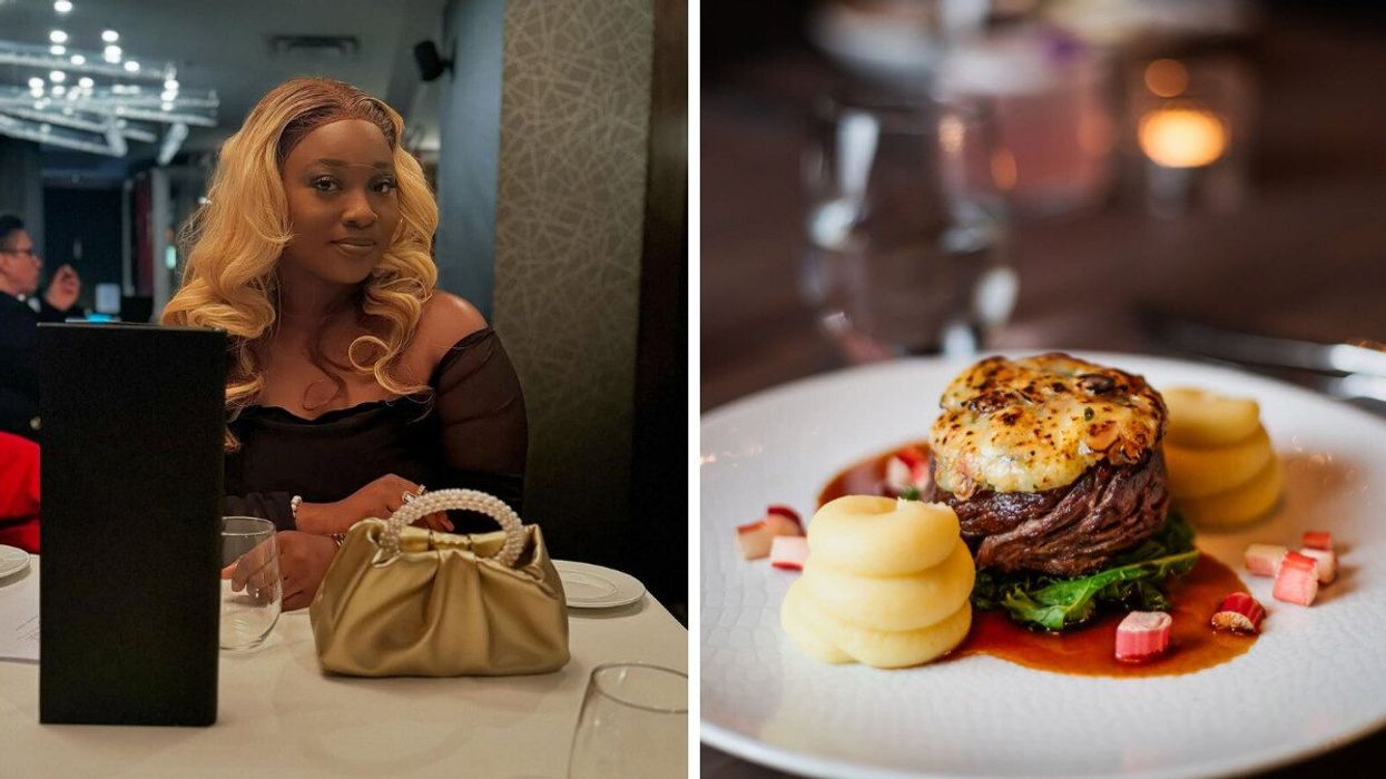 A person sitting at a restaurant. Right: A beautifully-presented dish at a restaurant.