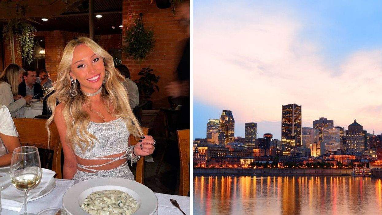 A person sitting at a restaurant. Right: A city skyline at night.