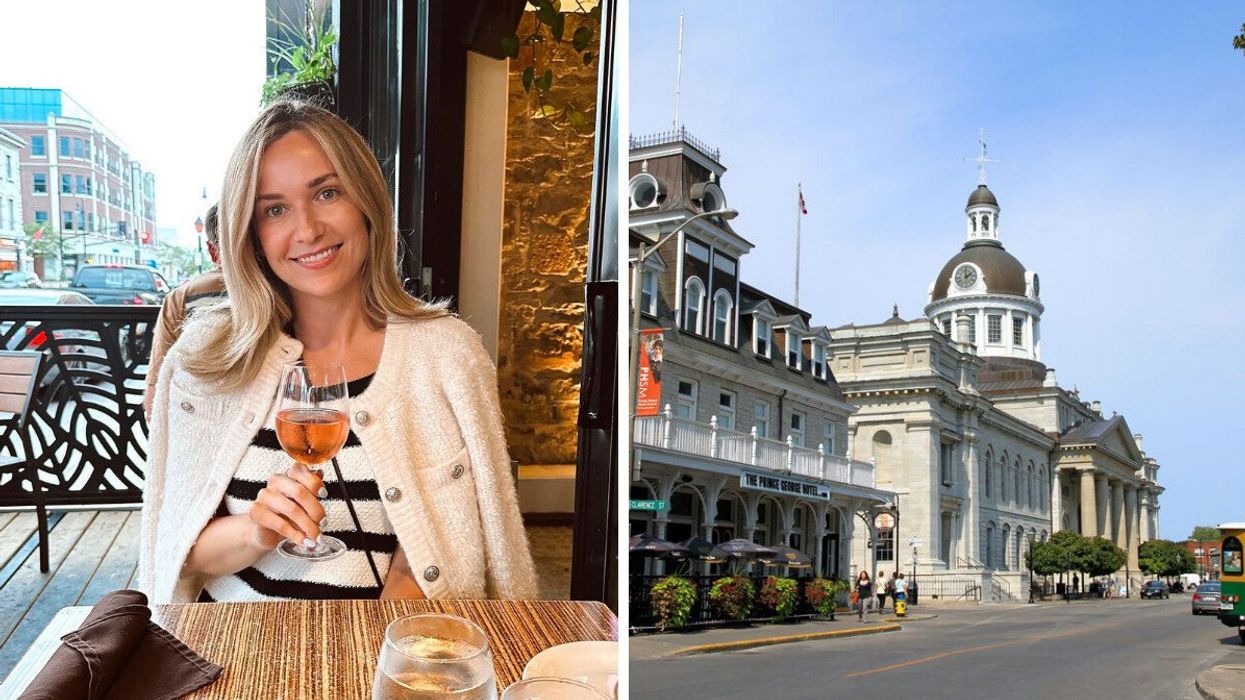 A person sitting at a restaurant. Right: A historic street.