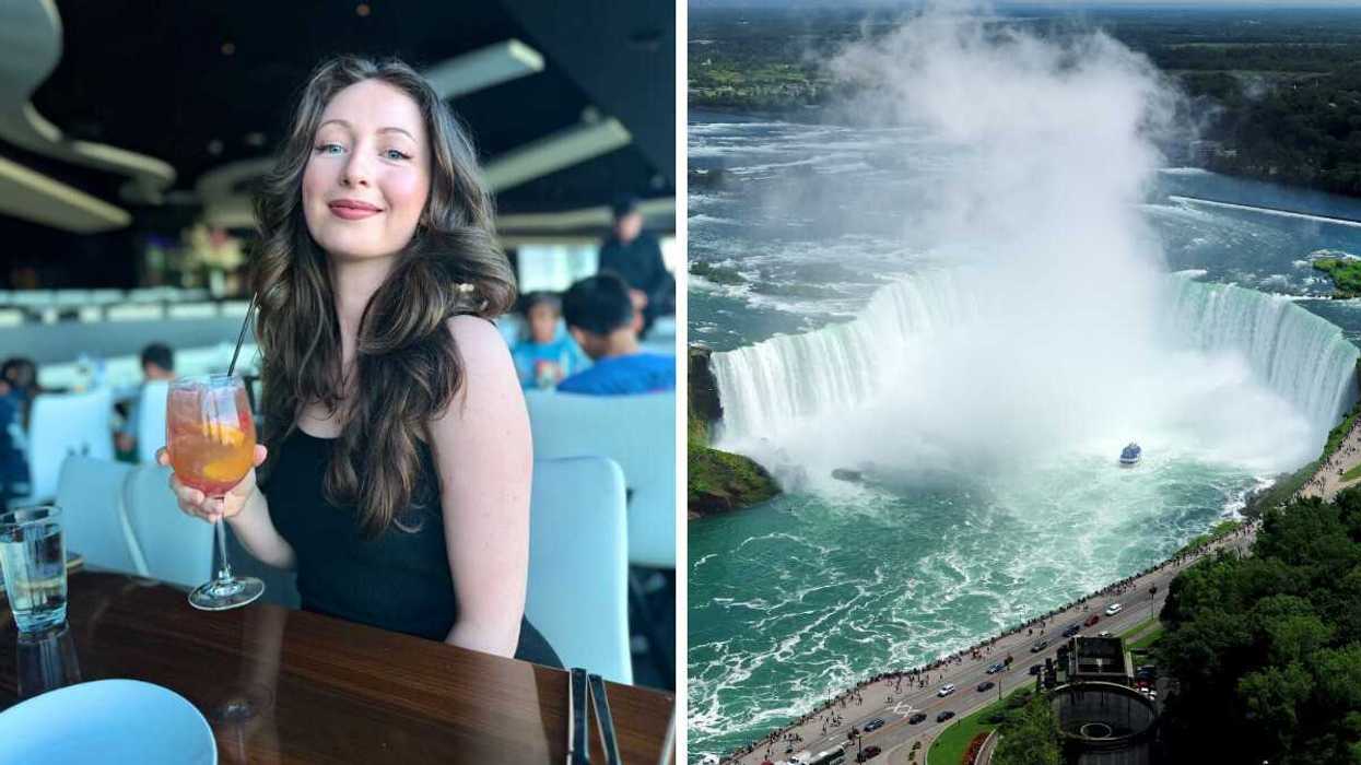 A person sitting at a restaurant. Right: A misty waterfall.