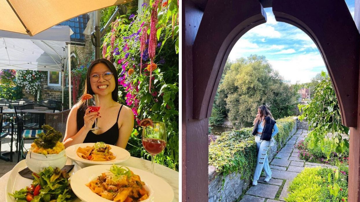 A person sitting at a restaurant. Right: A person standing by a river.
