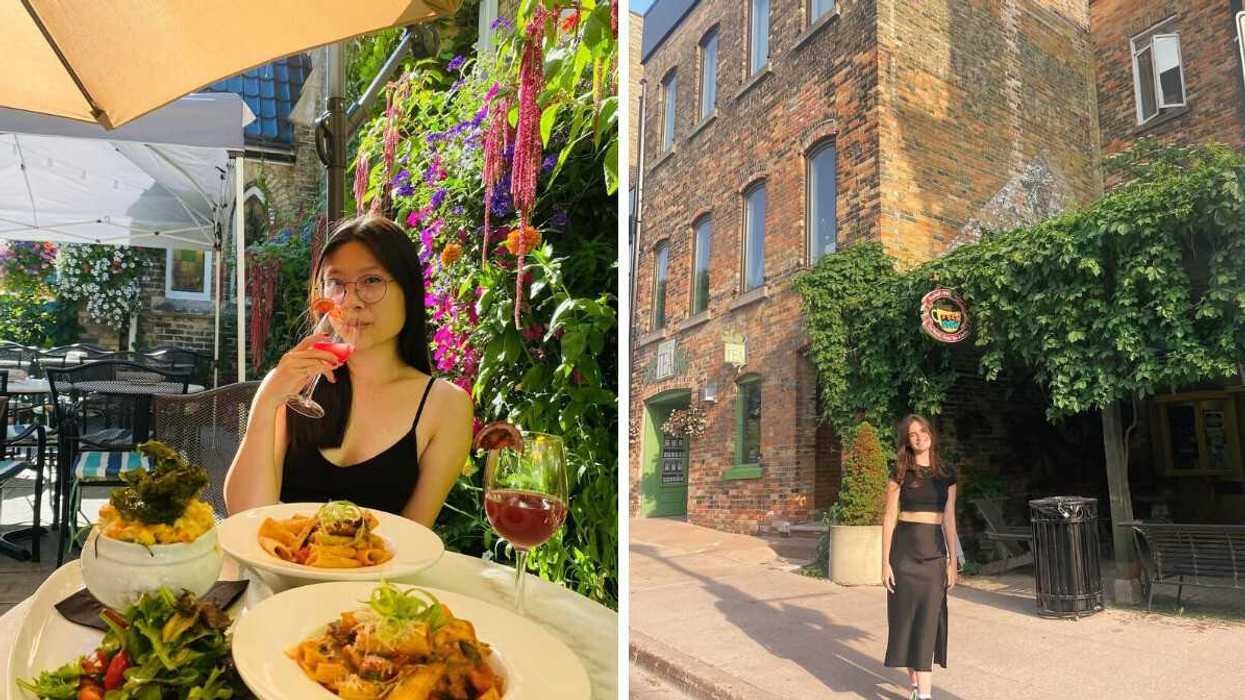 A person sitting at a restaurant. Right: A person standing on a street.