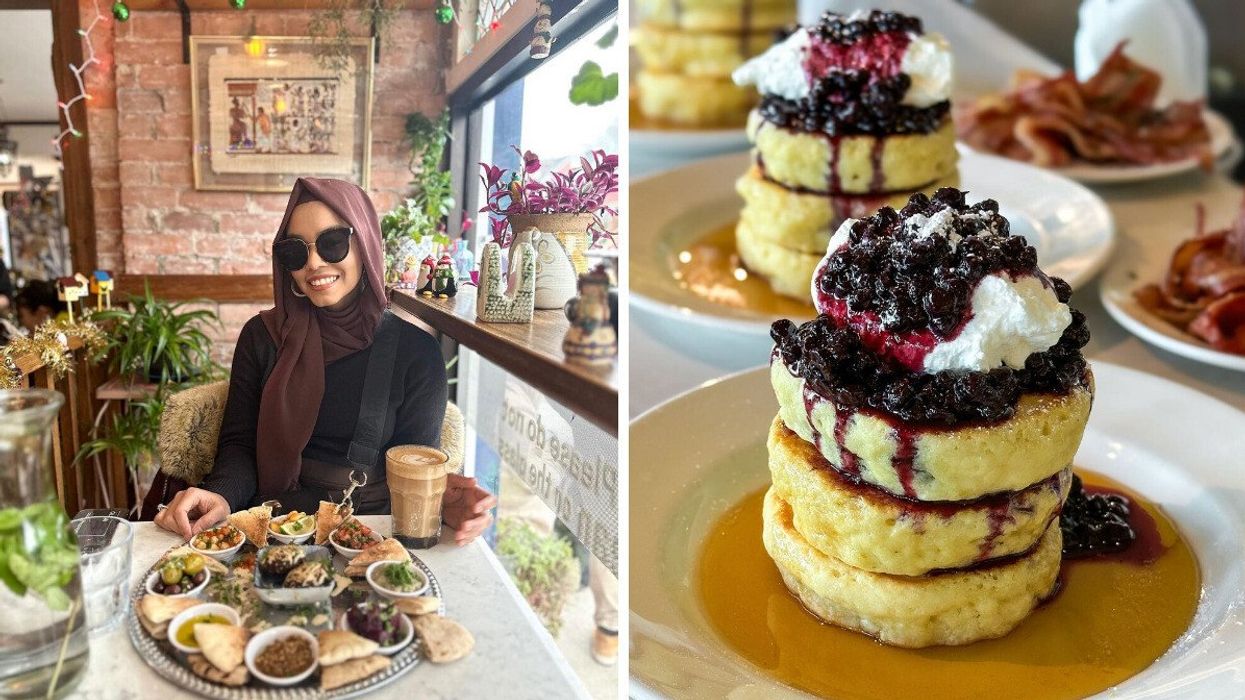 A person sitting at a restaurant. Right: A plate of pancakes.