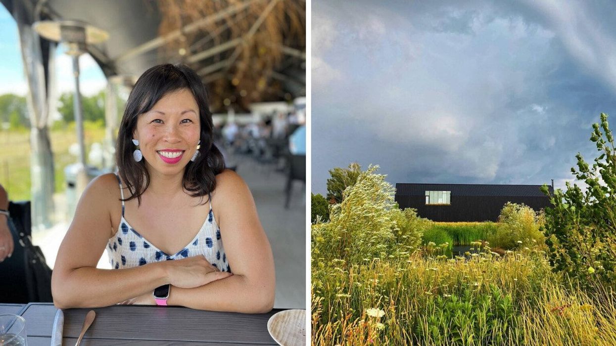 A person sitting at a restaurant. Right: A restaurant in the countryside.