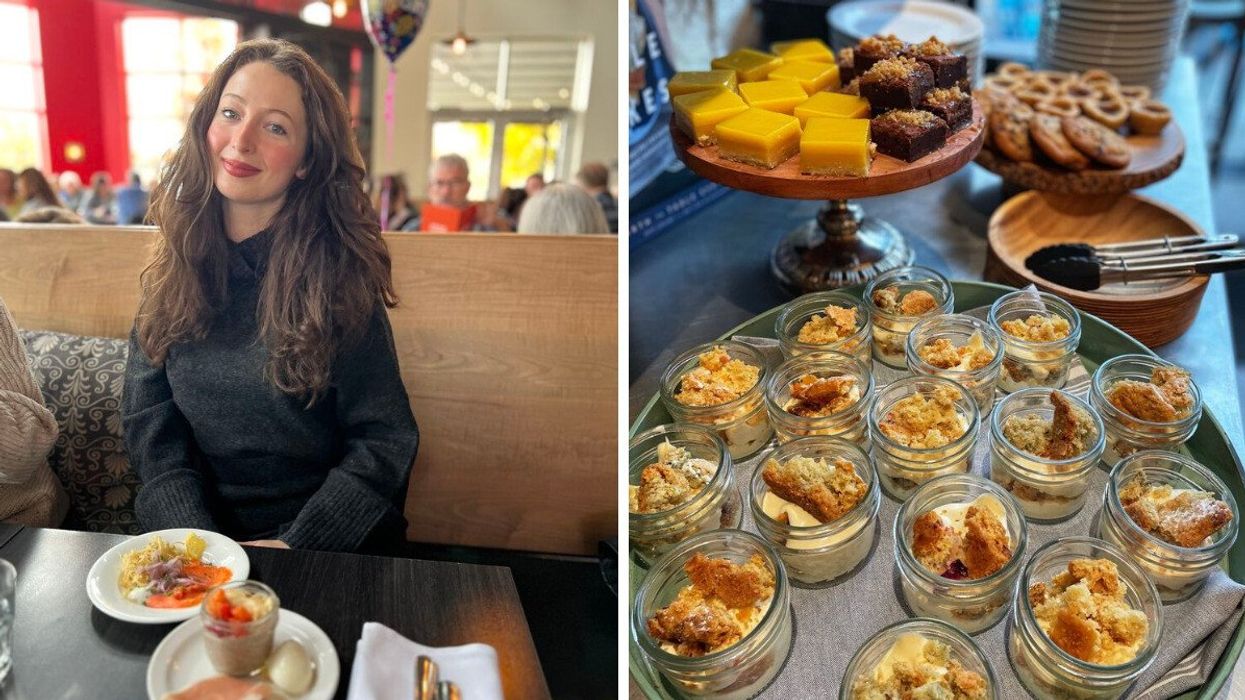 A person sitting at a restaurant. Right: Food at a restaurant.