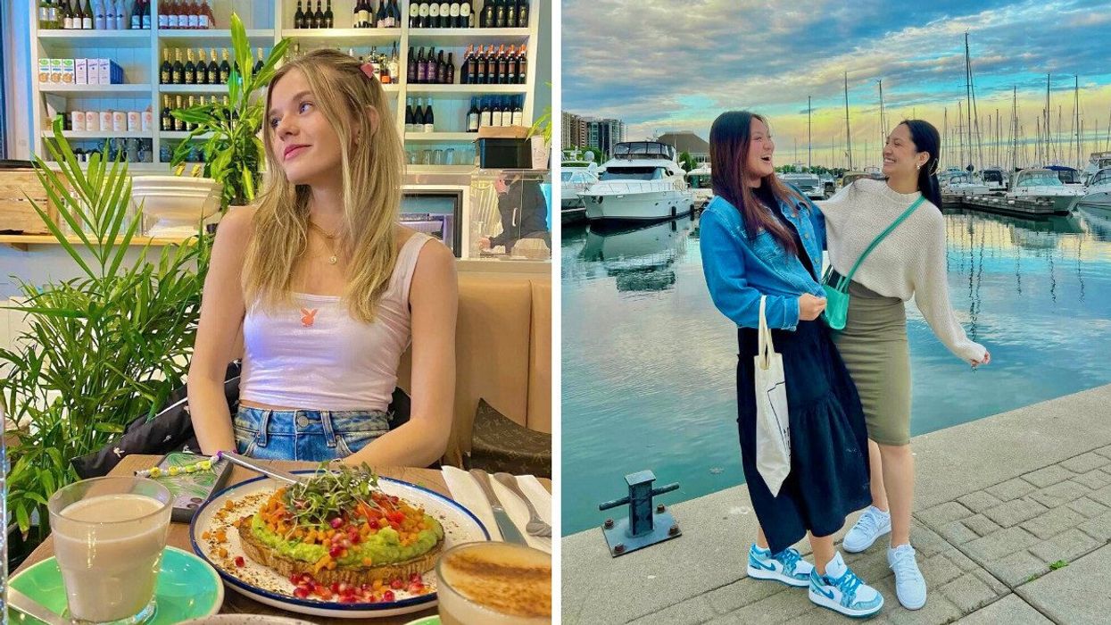 A person sitting at a restaurant. Right: Two people standing in a harbour.