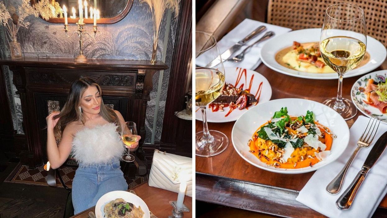 A person sitting at a restaurant with a glass of wine. Right: Dishes on a table at a restaurant.