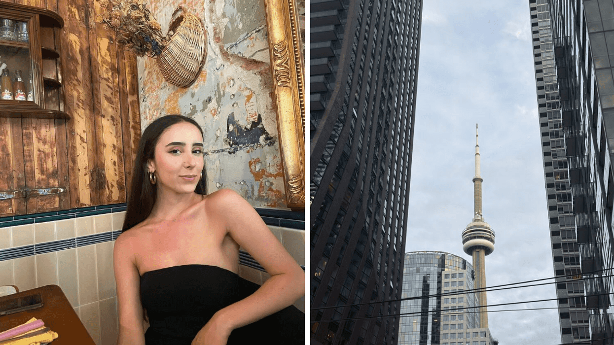 A person sitting at a table in a restaurant. Right: The CN tower in between buildings.