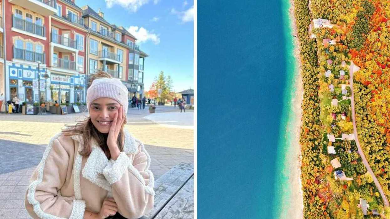 A person sitting at a table outdside. Right: An aerial view of a shoreline with fall colours.