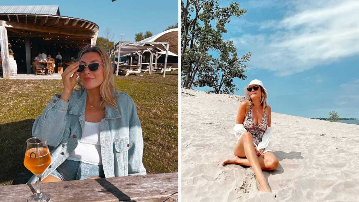 A person sitting at a table with a drink. Right: A person sitting on a sandy beach.