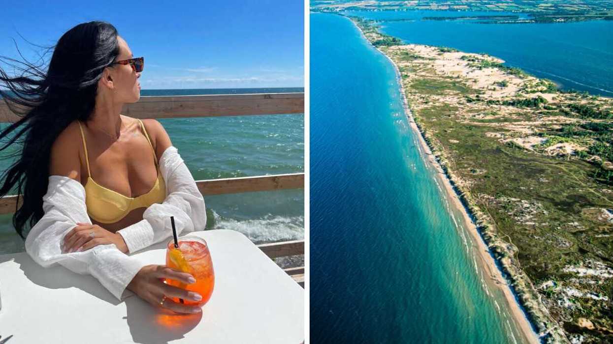 A person sitting at a table with a drink. Right: An aerial view of a beach.