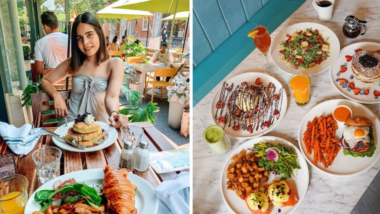 A person sitting at a table with brunch dishes. Right: Brunch dishes on a table.