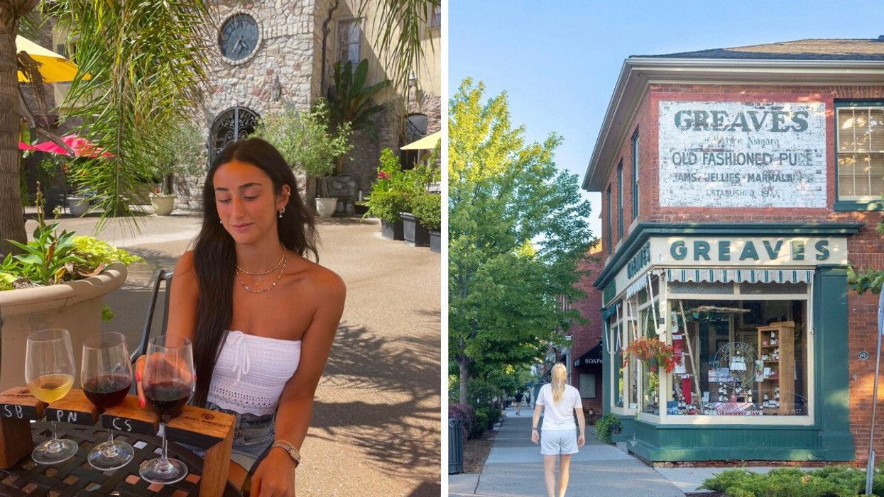 A person sitting at a table with wine glasses. Right: A person walking down a historic street.