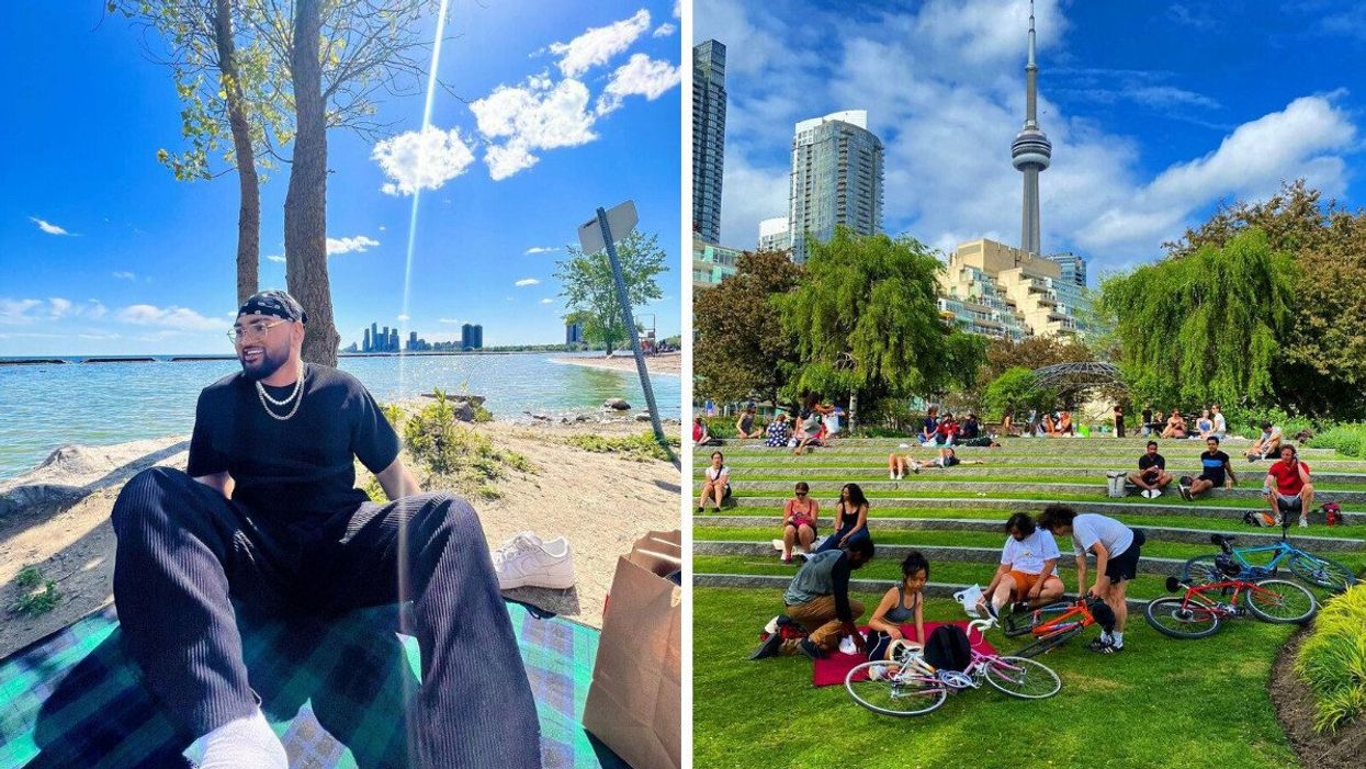 A person sitting at Sunnyside Park in Toronto. Right: Toronto Music Garden on a sunny day.