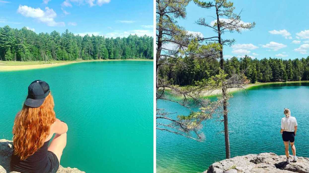 A person sitting by a blue lake. Right: A person standing beside a lake.