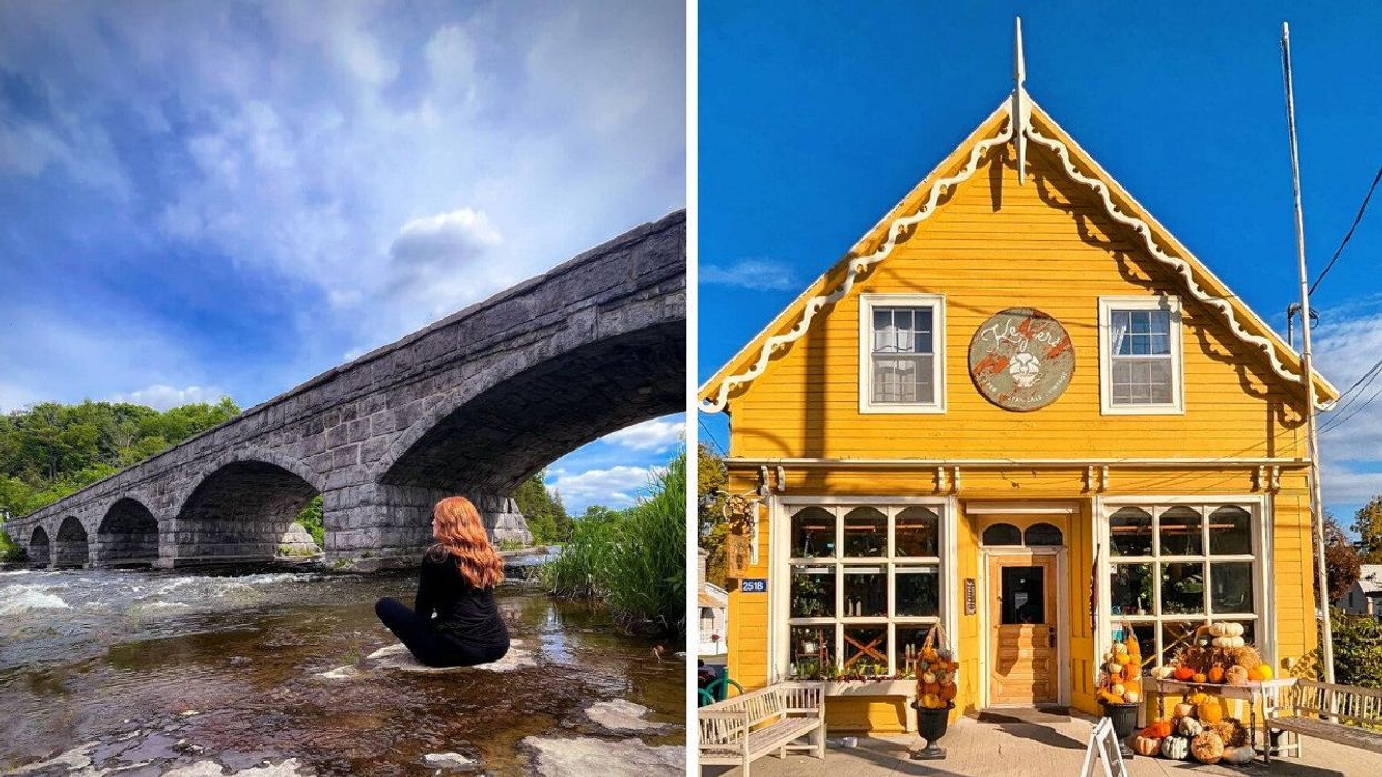 A person sitting by a bridge. Right: A yellow building surrounded by fall decor.