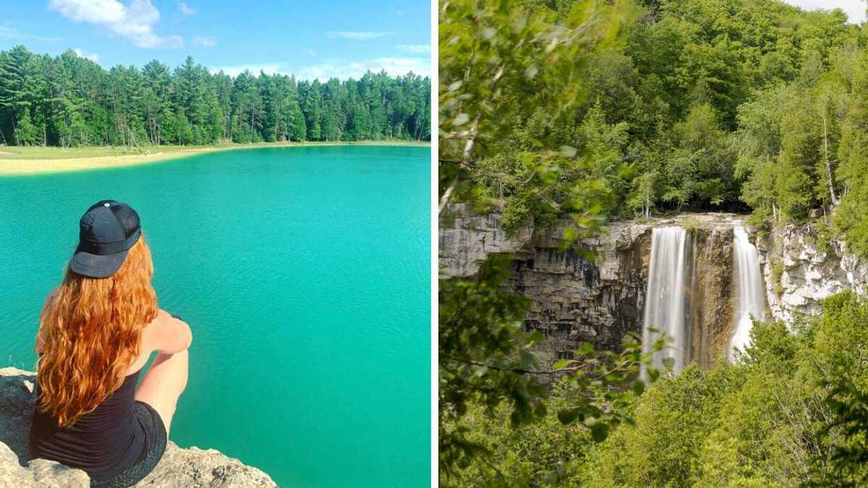 A person sitting by a bright blue lake. Right: A waterfall.