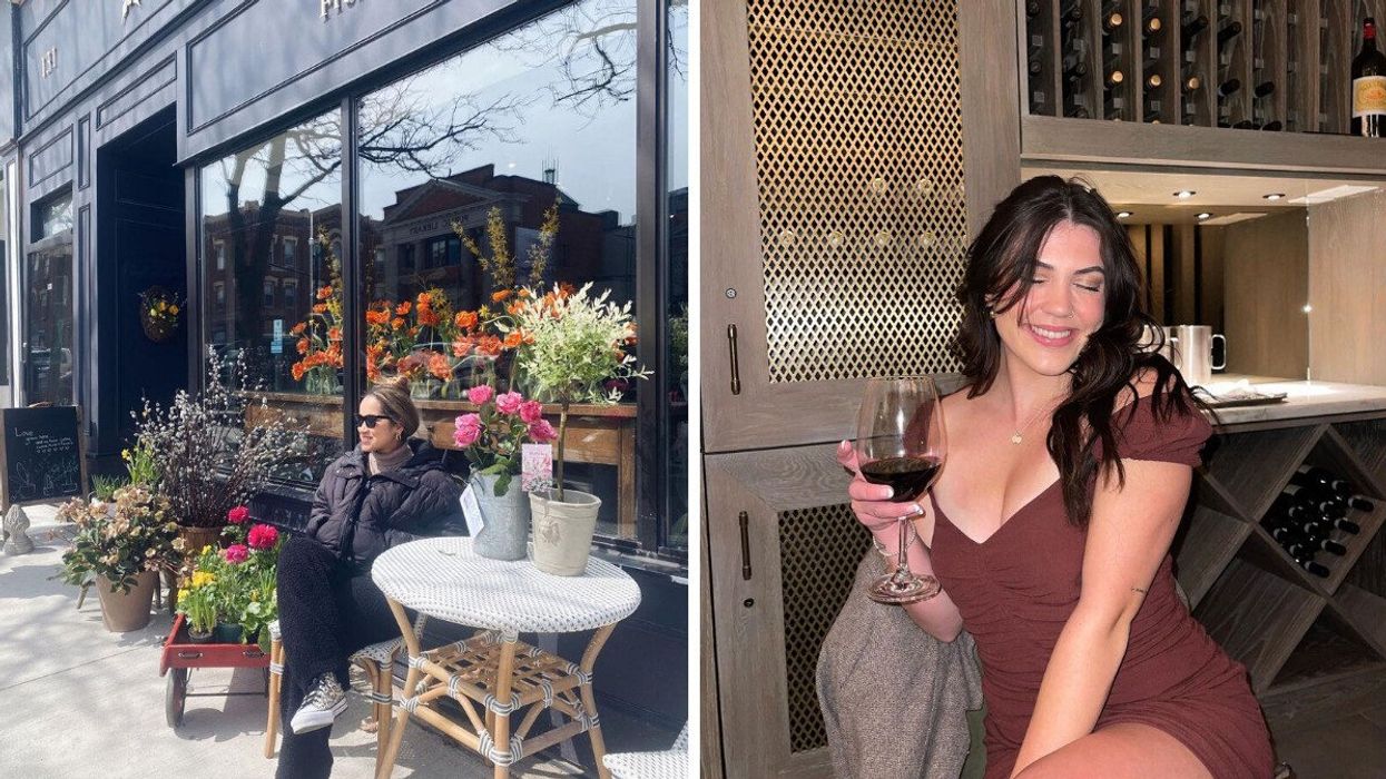 A person sitting by a flower shop. Right: A person holding a glass of wine at a restaurant.