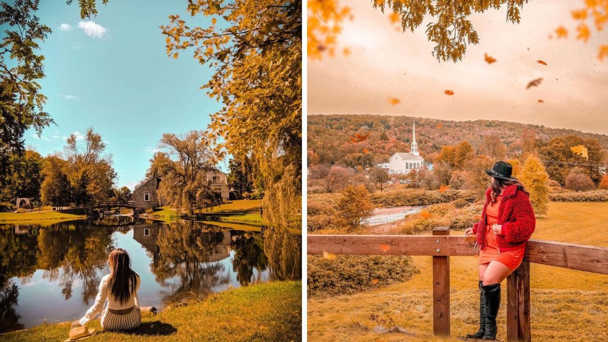 A person sitting by a pond. Right: A person standing in a fall landscape.