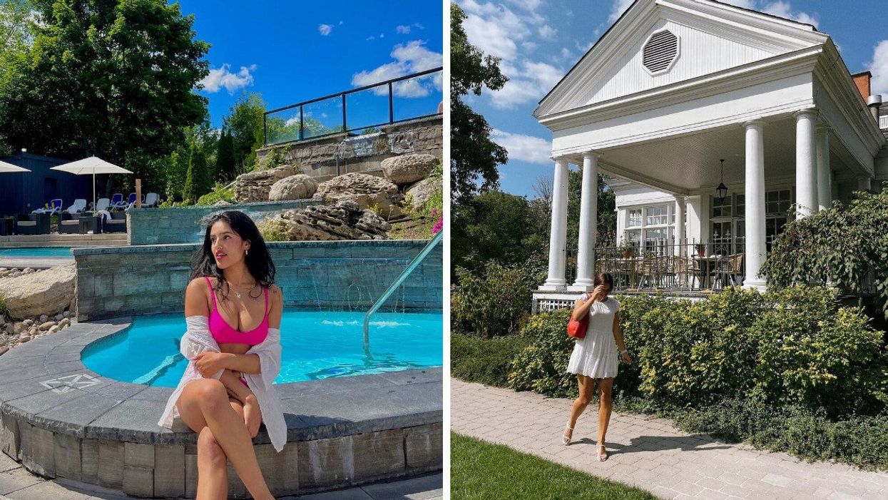 A person sitting by a pool. Right: A person walking by a hotel.