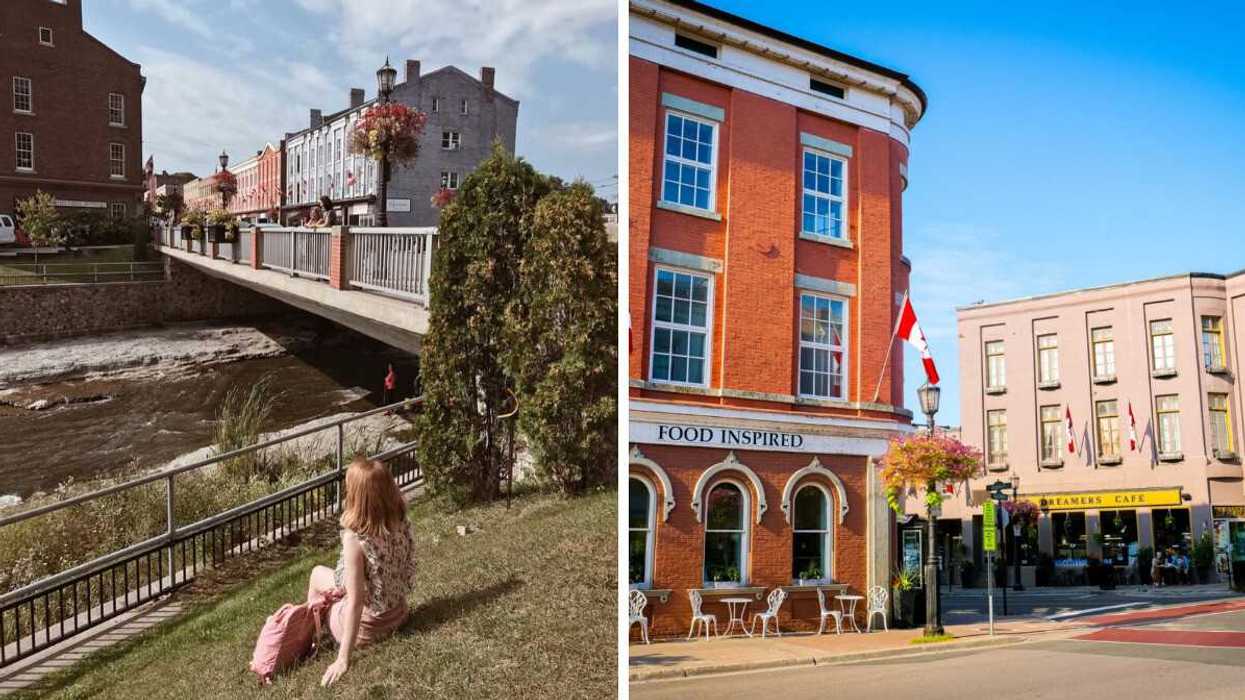A person sitting by a river. Right: A historic street.