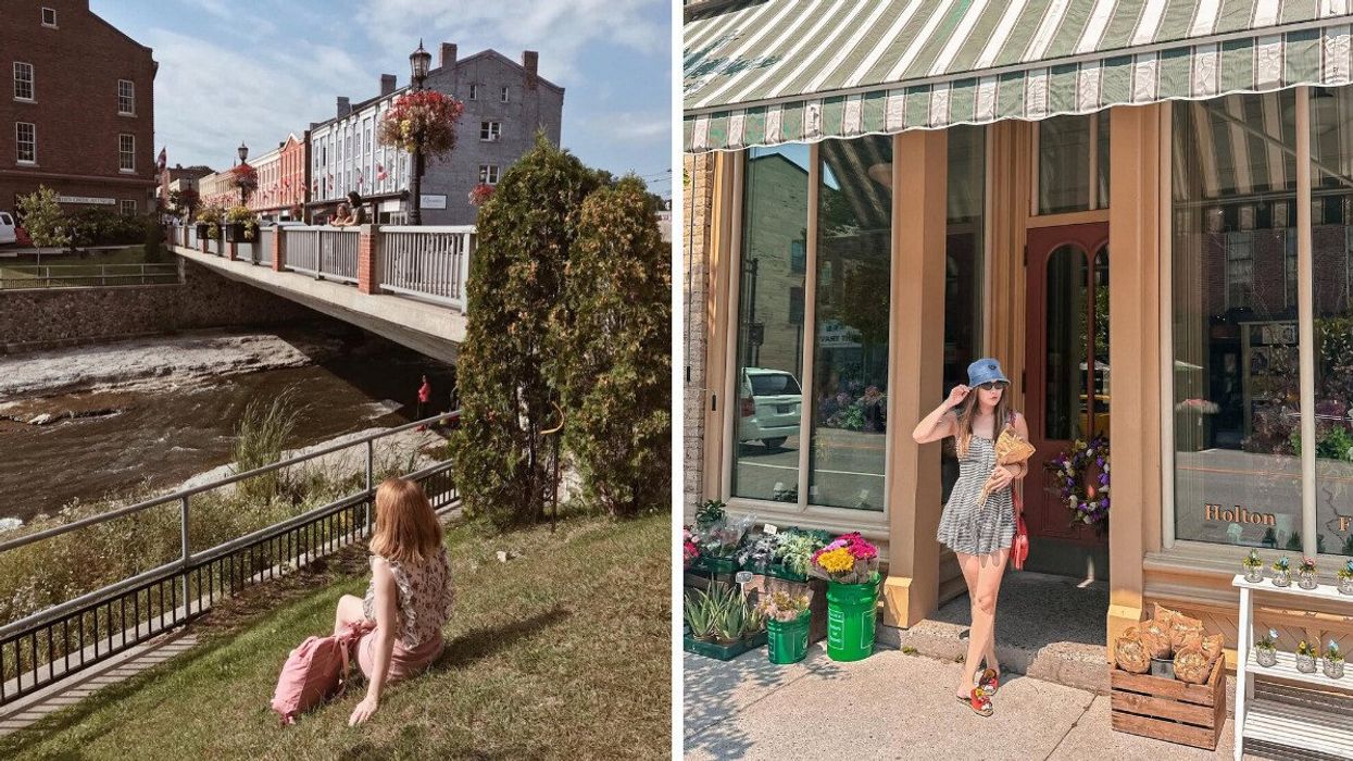 A person sitting by a river. Right: A person standing outside a store.
