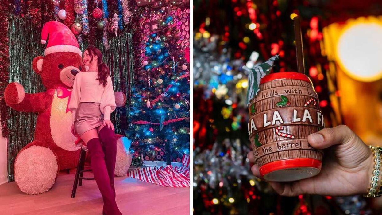 A person sitting by a teddy bear. Right: A hand holding a Christmas-themed cup.