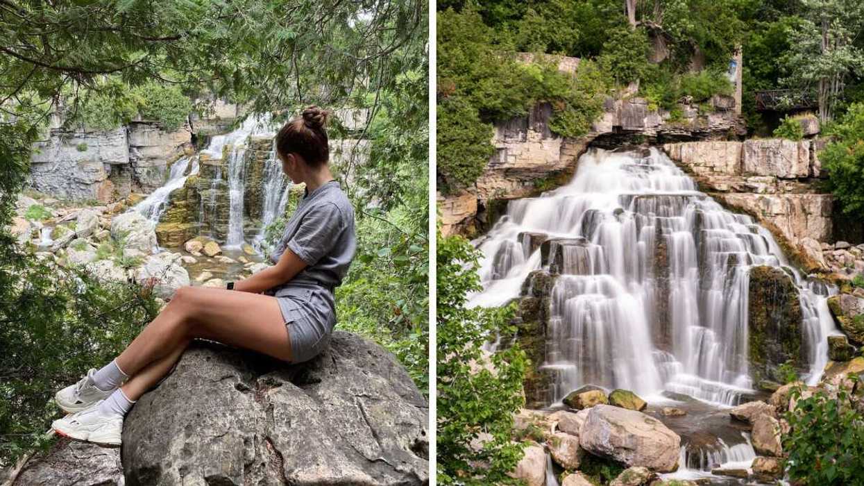 A person sitting by a waterfall. Right: A waterfall in a gorge.