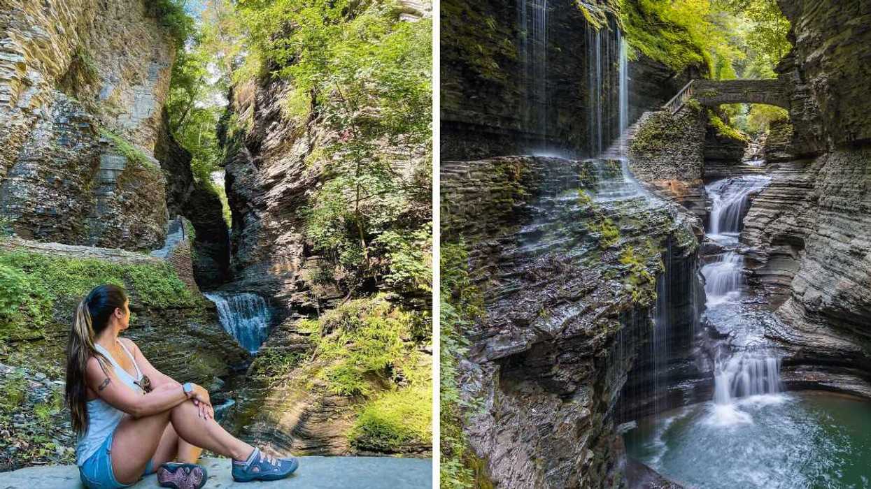 A person sitting by a waterfall. Right: A waterfall in a gorge.