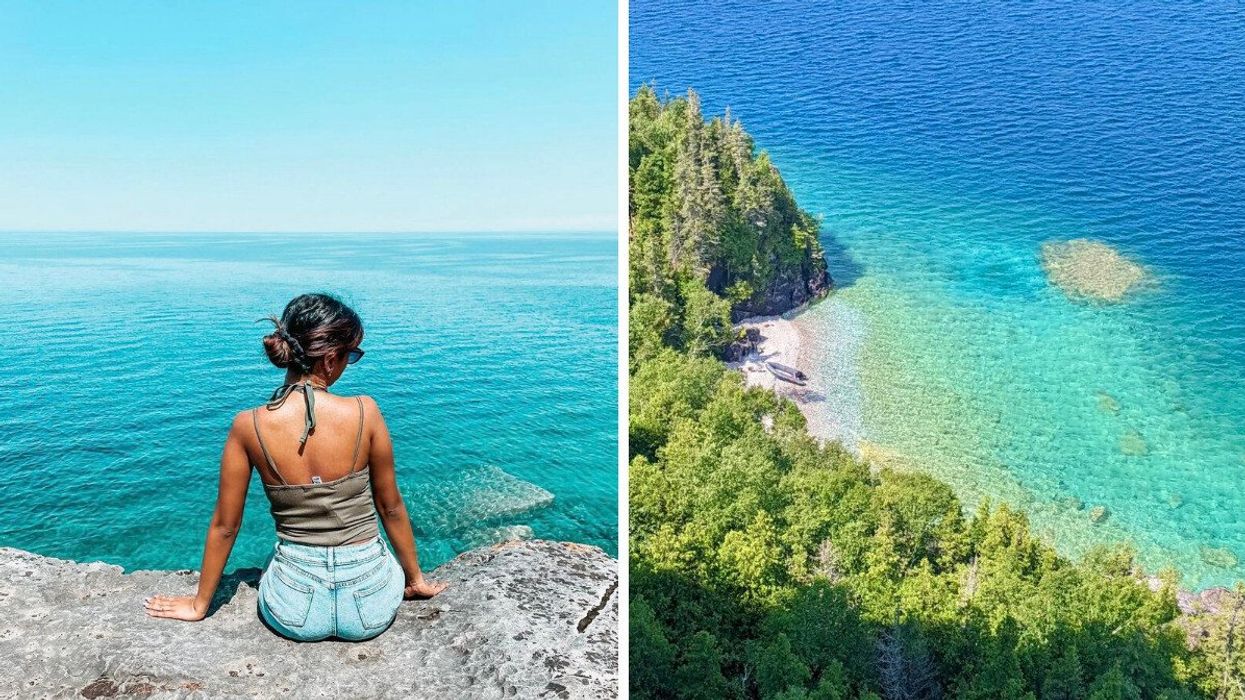 A person sitting by blue water. Right: An aerial view of a turquoise shoreline.