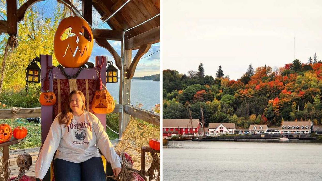A person sitting by pumpkins. Right: A harbour village in the fall.