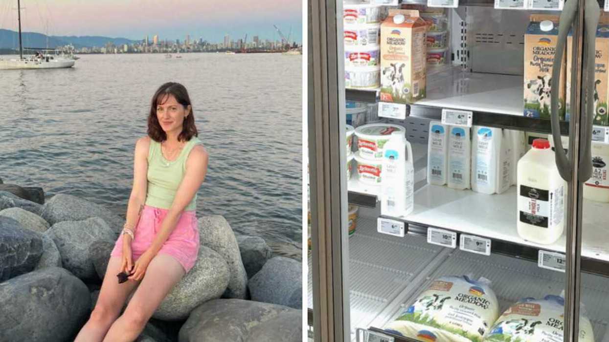 A person sitting by the ocean. Right: Milk in a Ontario grocery store.