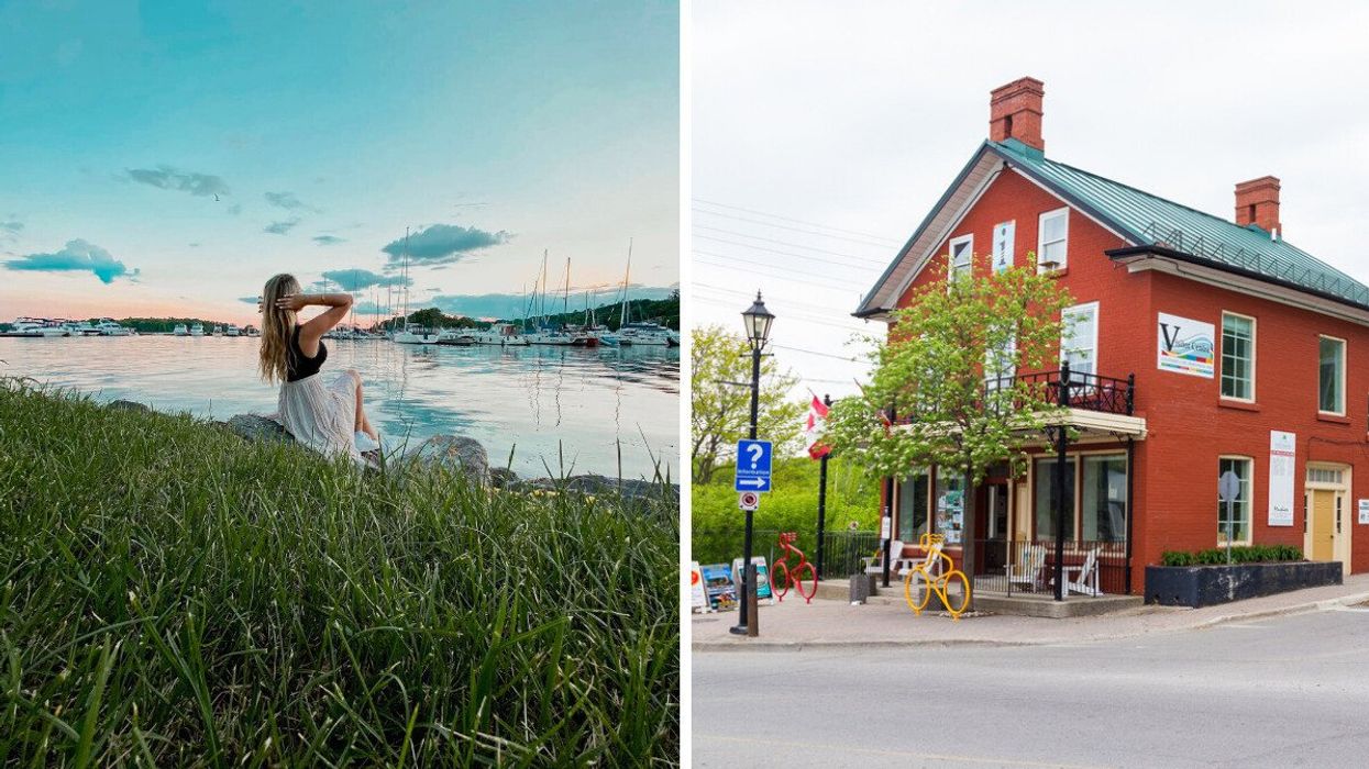 A person sitting by the water. Right: A historic building.