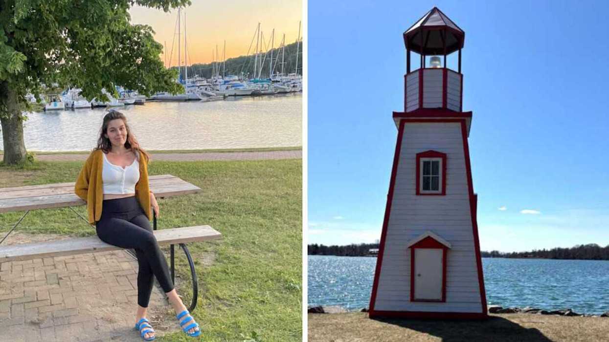 A person sitting in a bench. Right: A lighthouse.