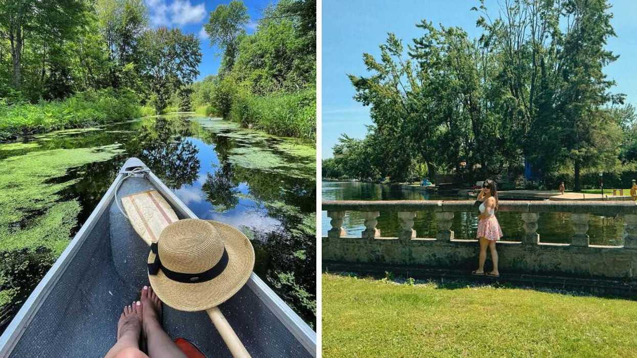 A person sitting in a boat. Right: A person standing by the water.
