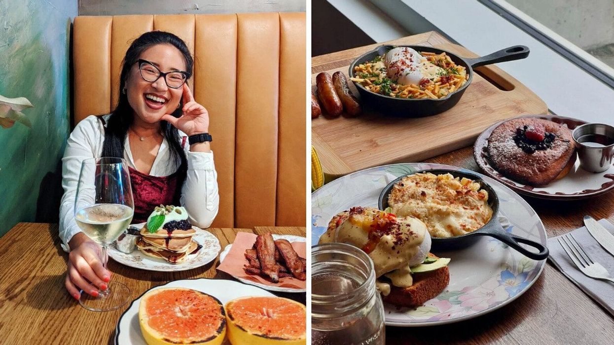 A person sitting in a booth with breakfast food. Right: A few breakfast food dishes on a table.