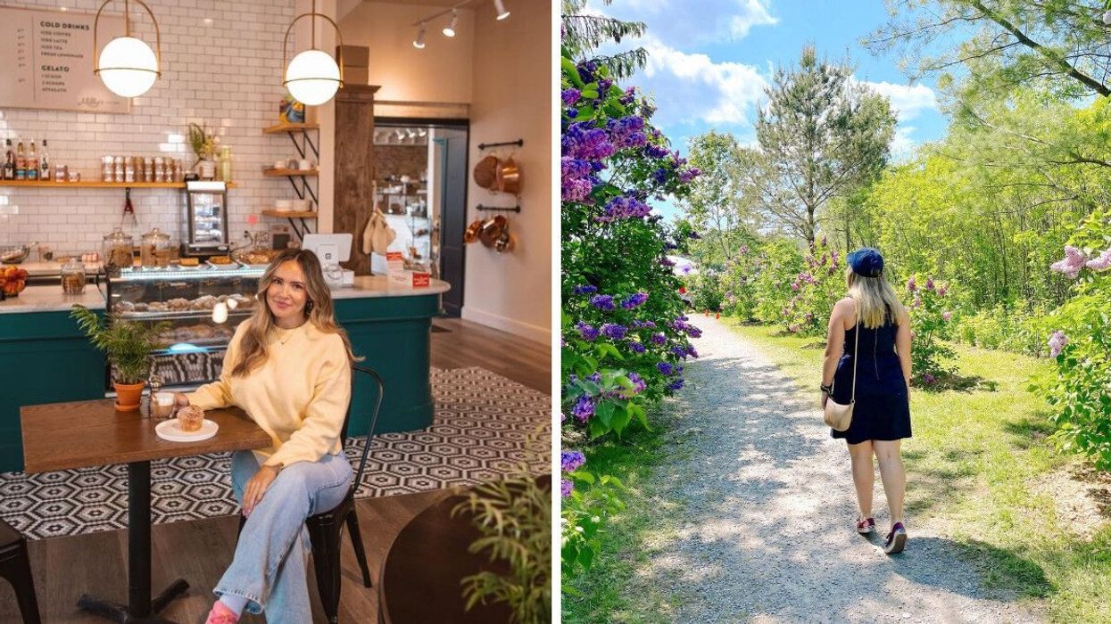 A person sitting in a cafe. Right: A person walking past lilacs.