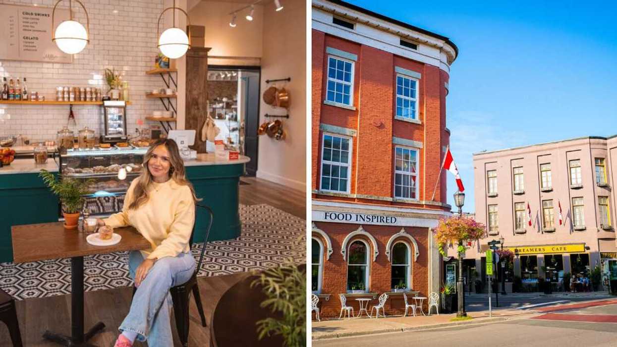 A person sitting in a cafe. Right: A quaint downtown.