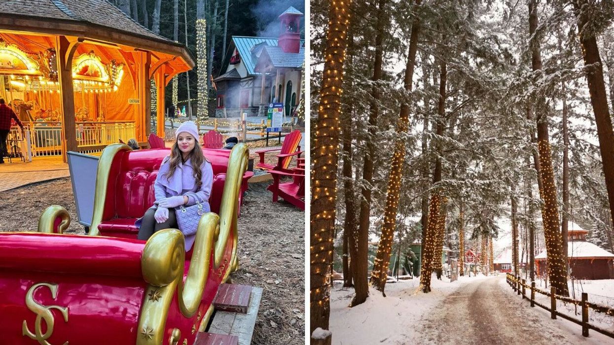 A person sitting in a Christmas sleigh. Right: A laneway lined with twinkling trees.