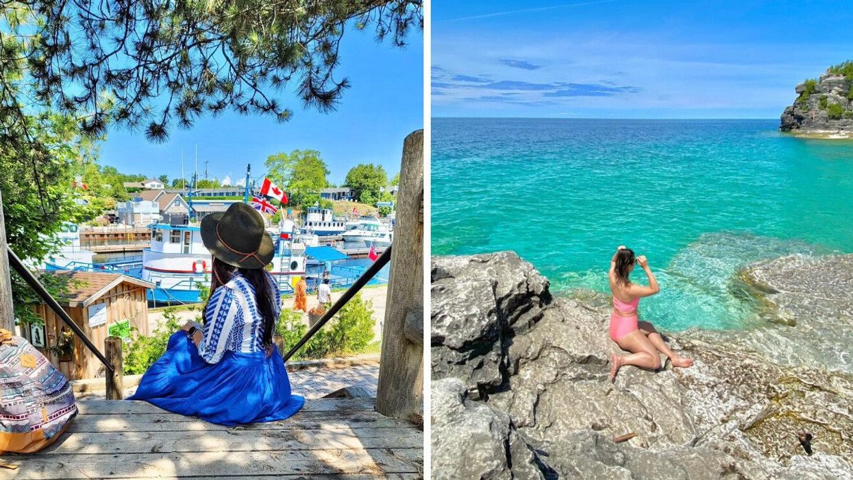 A person sitting in a harbout. Right: A person sittin on a limestone beach.