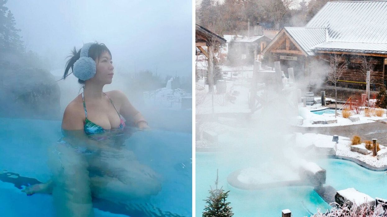 A person sitting in a pool at a spa. Right: A spa during the winter.