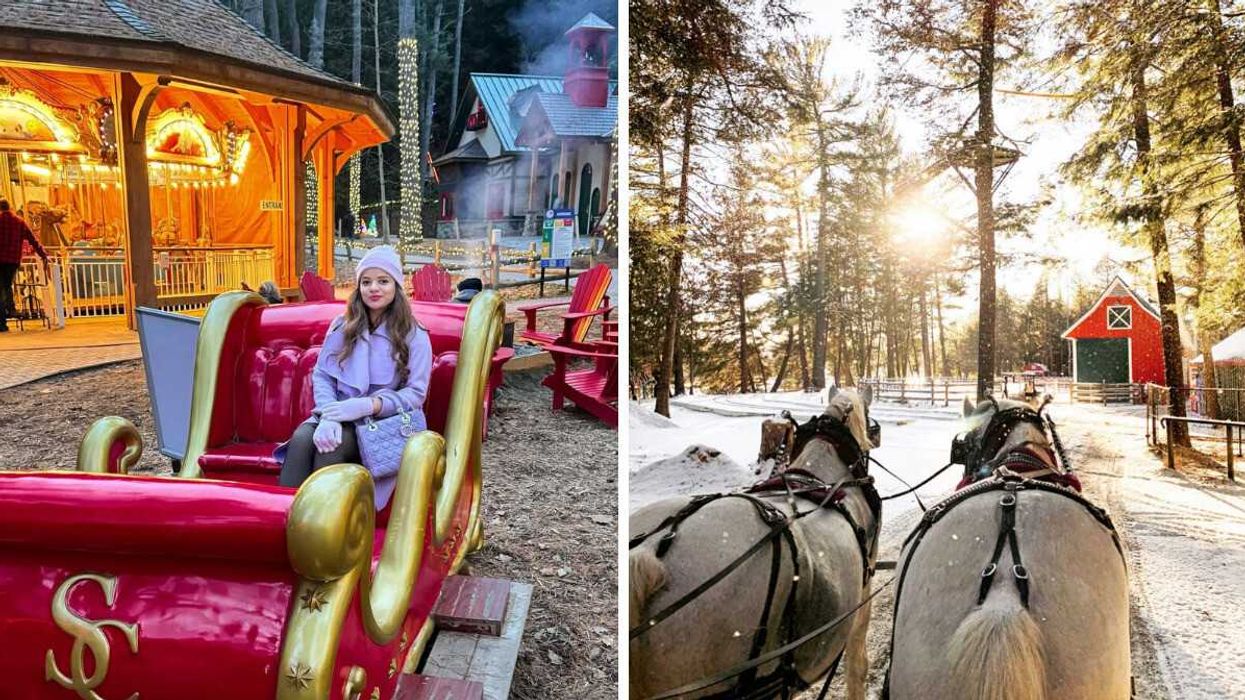 A person sitting in a sleight. Right: A horse-drawn wagon ride.