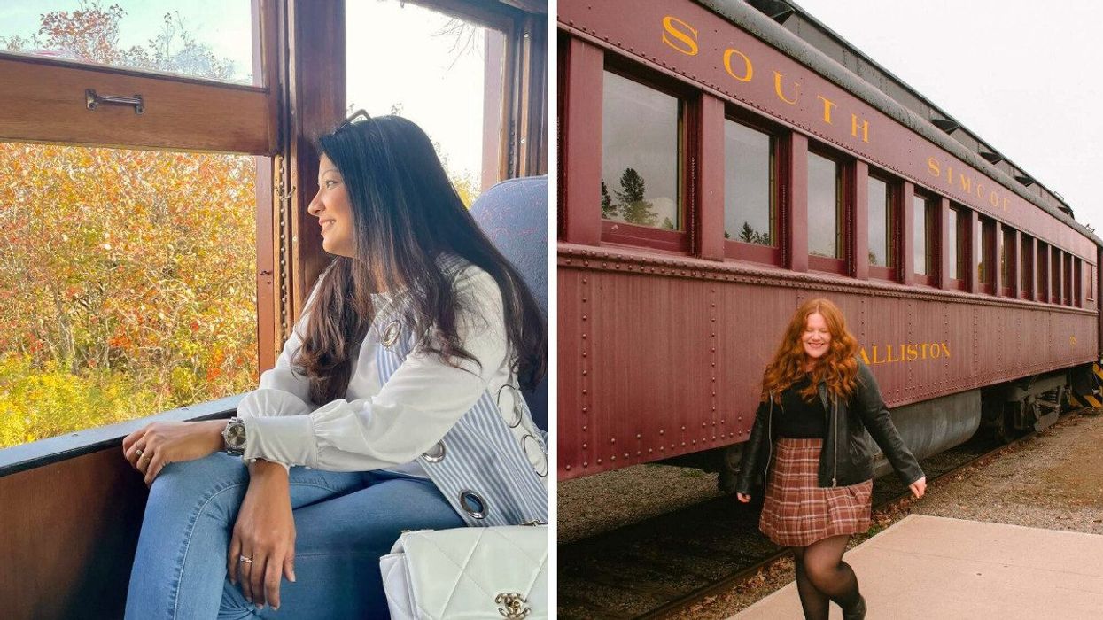 A person sitting in a train. Right: A person standing by a train.