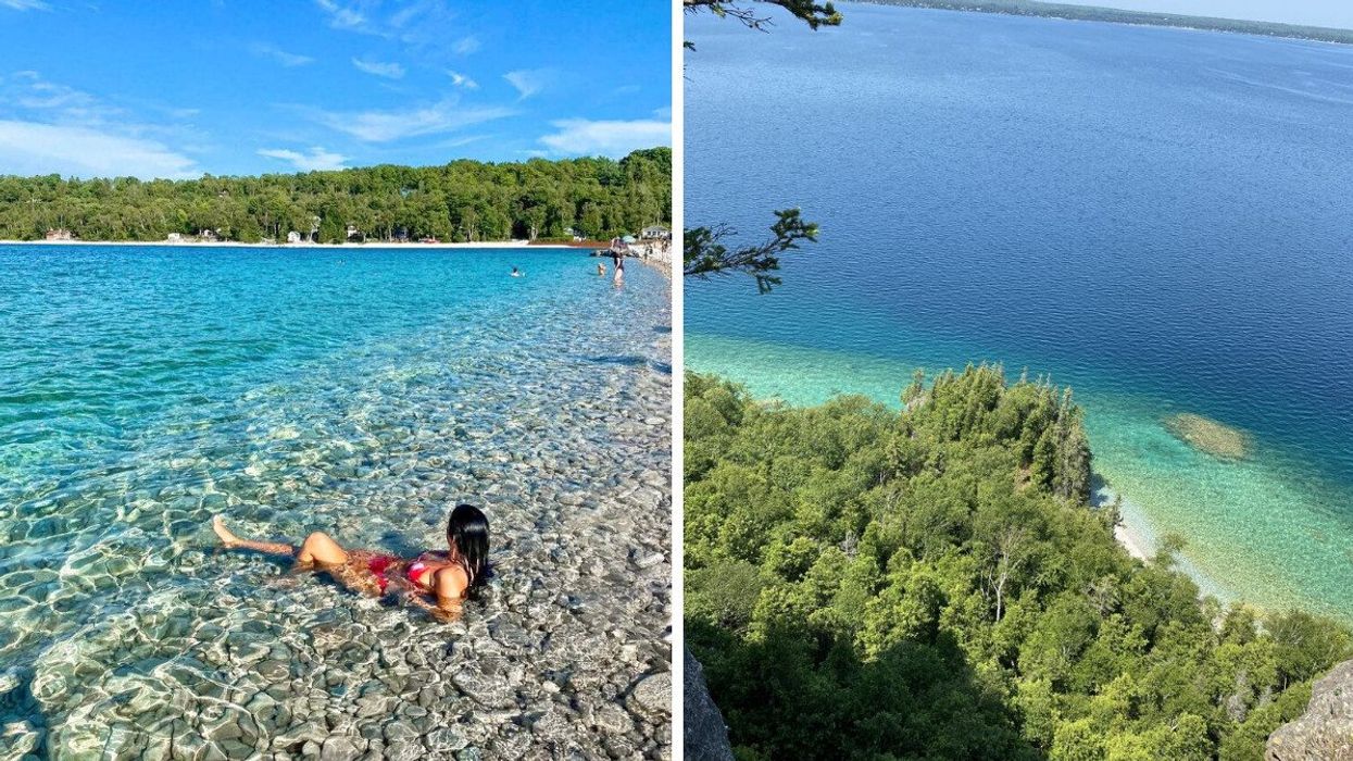 A person sitting in crystal-clear water. Right: A turquoise water shoreline.