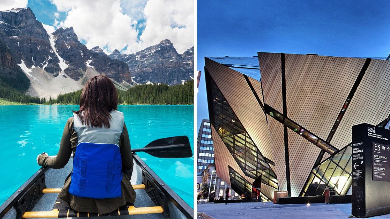 A person sitting inside a canoe on a turquoise blue lake, looking at the mountains. Right: An exterior shot of the Royal Ontario Museum in Toronto.