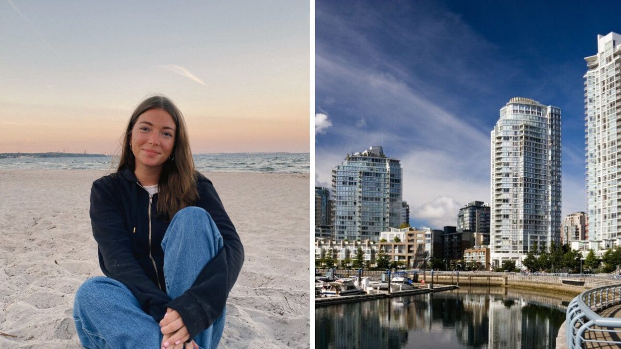 A person sitting on a beach at sunset. Right: City buildings along the waterfront.