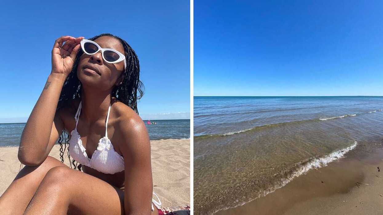 A person sitting on a beach. Right: A beach with clear water.