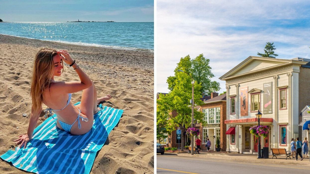 A person sitting on a beach. Right: A historic main street.