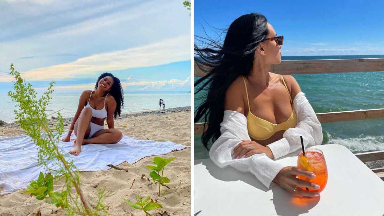 A person sitting on a beach. Right: A person sitting on a patio.