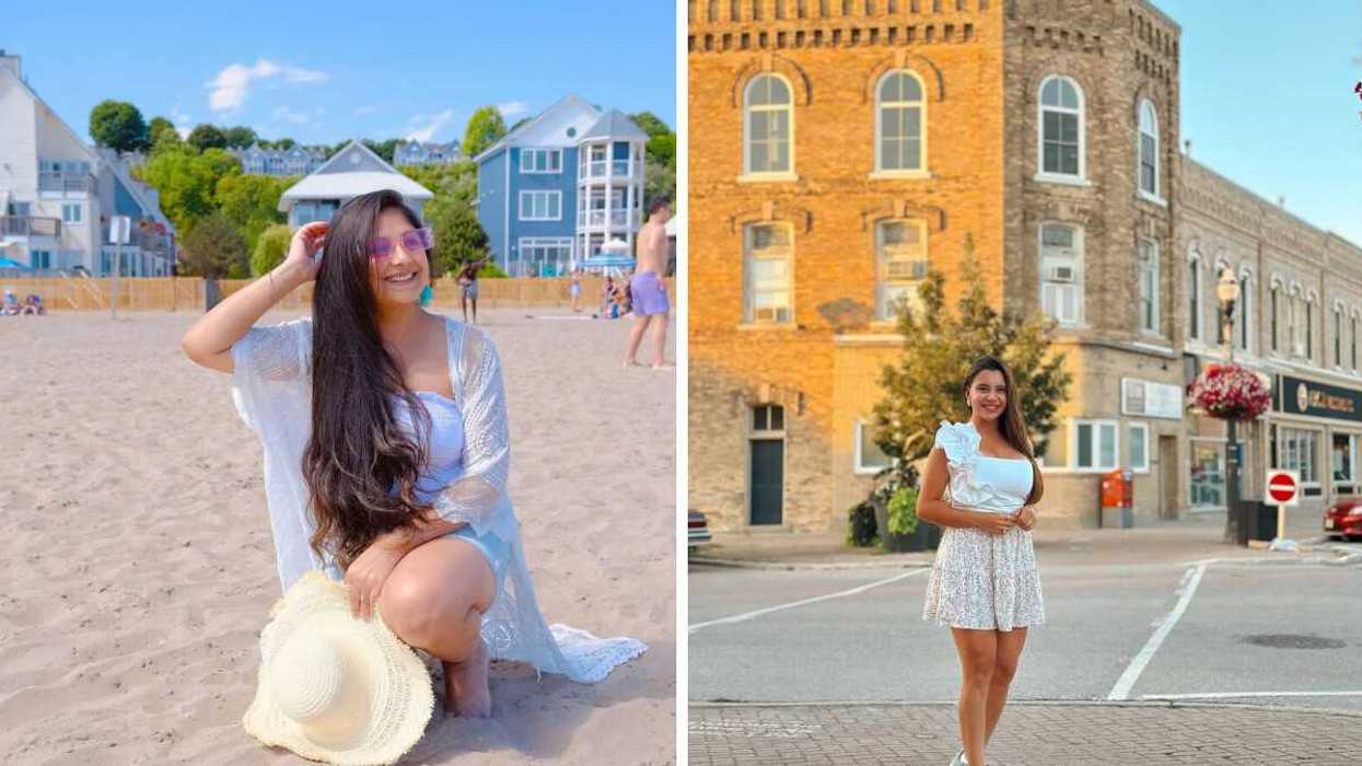 A person sitting on a beach. Right: A person standing on a street.